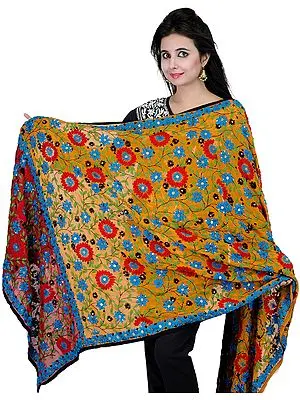 Sunflower Phulkari Dupatta from Punjab with Aari-Embroidered Flowers by Hand