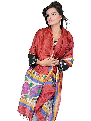 Dusty-Cedar Dupatta with Large Printed Flowers on Border