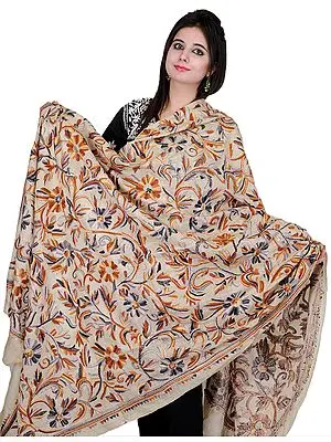 Beige Kantha Shawl with Hand-Embroidered Flowers All-Over