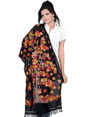 Black Kashmiri Stole with Hand-Embroidered Tree of Life