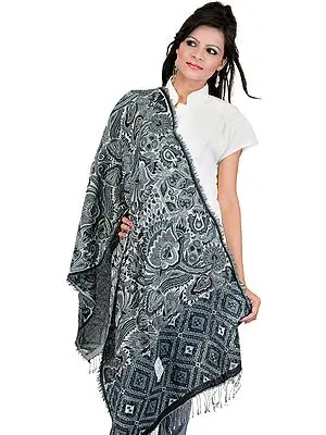 Denim-Blue Reversible Jamawar Stole with Thread Weave