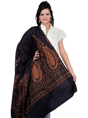 Mysterioso-Blue Kashmiri Tusha Shawl with Sozni Embroidered Paisleys by Hand