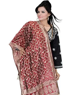 Red-Ochre Banarasi Stole with All-Over Woven Flowers and Brocaded Border
