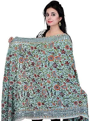 Icy Morn-Cyan Phulkari Dupatta from Punjab with Aari-Embroidered Flowers