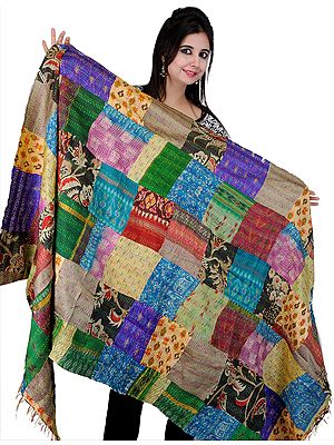 Reversible Multi-Color Kantha Embroidered Patchwork Shawl with Ikat Weave