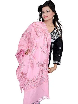 Peony-Pink Kashmiri Stole with Aari Embroidered Flowers