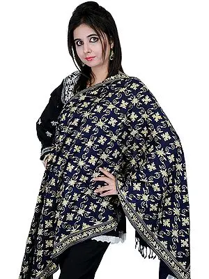 Navy-Blue Stole from Amritsar with Aari Embroidered Flowers and Beads
