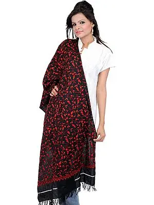 Black and Red Kashmiri Stole with Embroidered Paisleys by Hand