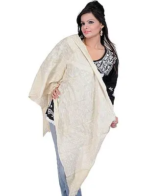 Ivory Scarf with Kantha Stitched Folk Figures Inspired by Warli Art