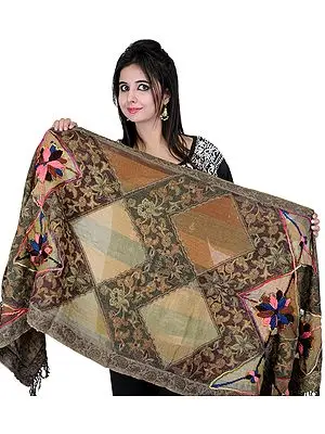 Golden-Olive and Brown Jamawar Stole with Floral Embroidery