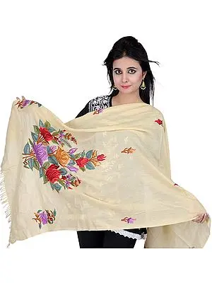 Pastel-Yellow Stole from Kashmir with Aari Embroidered Flowers by Hand
