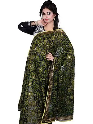 Pine-Green and Black Phulkari Dupatta from Punjab with Aari-Embroidered Flowers