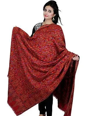 Garnet-Red Kani Shawl with All-Over Woven Flowers in Multi-Color Thread