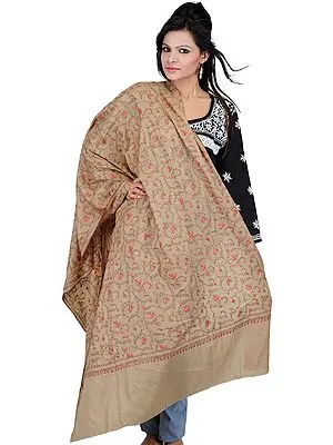 Khaki Kashmiri Tusha Shawl from Kashmir with Sozni Embroidery by Hand