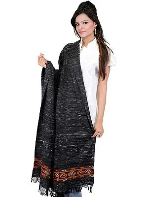 Caviar-Black Shawl from Kullu with Kinnauri Woven Border