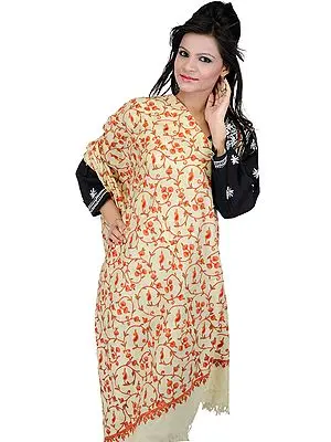 Khaki Stole from Kashmir with Aari Embroidered Flowers by Hand