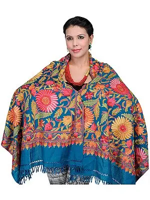 Teal Stole from Kashmir with Aari Embroidererd Flowers by Hand
