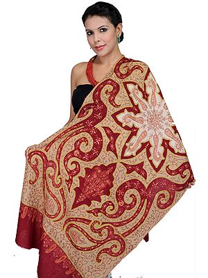 Khaki-Maroon Two-Ply Superfine Stole from Kashmir with Sozni Embroidery by Hand