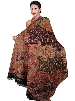 Camel- Brown Jamawar Shawl with Large Woven Paisleys and Needle Embroidery