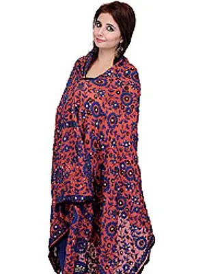 Phulkari Dupatta from Punjab with Aari-Embroidered Flowers