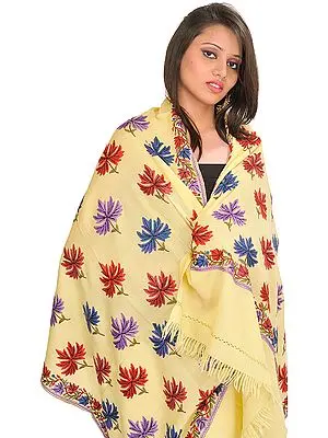 Stole from Kashmir with Hand Embroidered Maple Leaves