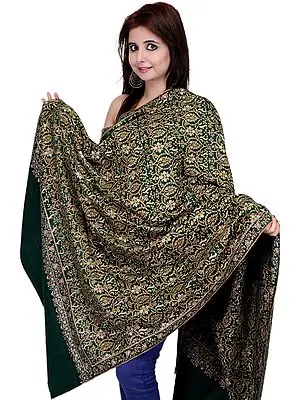 Antique-Green Kashmiri Pashmina Shawl with Fine Sozni Embroidery by Hand