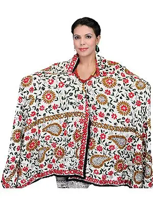 Ivory Phulkari Dupatta from Punjab with Aari-Embroidered Flowers by Hand