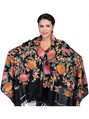 Black Floral Kashmiri Stole with Hand Embroidery All-over