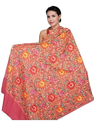 Cardinal-Pink Kashmiri Shawl with Aari Embroidered Flowers