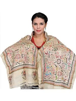 Beige Scarf with Kantha Stitch Embroidered Folk Motifs