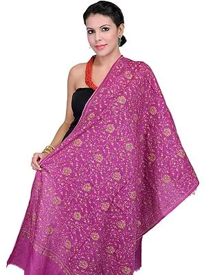 Dewberry-Purple Tusha Stole with Needle Stitched Embroidered Flowers