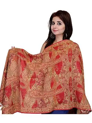 Pompeian-Red Jamawar Stole with Large Woven Paisleys
