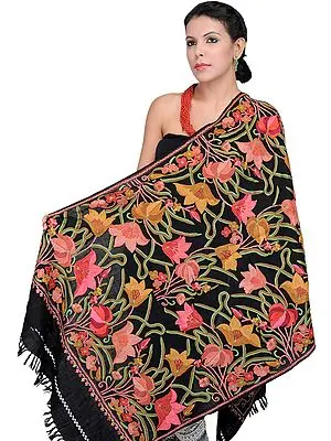 Black Stole from Kashmir with Aari Embroidererd Flowers by Hand