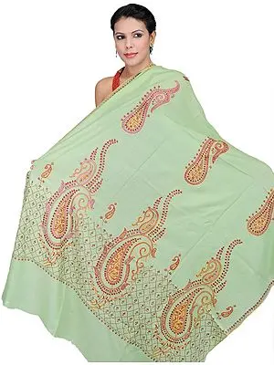 Pastel-Green Kashmiri Shawl with Giant Sozni Hand-Embroidered Paisleys