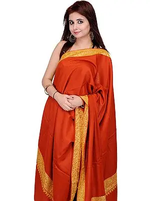 Mecca-Orange Plain Shawl from Kashmir with Sozni Embroidered Border