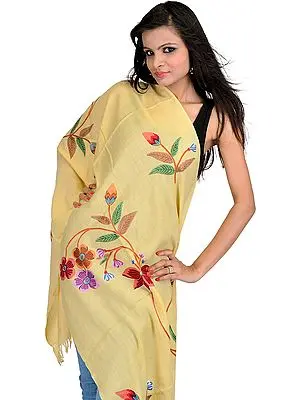 Pastel-Yellow Kashmiri Stole with Hand Embroidered Flowers