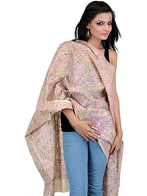 Beige and Pink Dupatta-Wrap with Kantha Stitched Embroidery by Hand