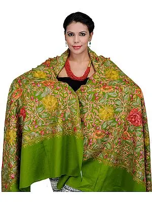 Green-Eyes Shawl from Kashmir with Aari Embroidered Flowers All-Over