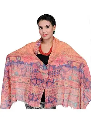 Peach-Pink Stole with Digital Printed Butterflies