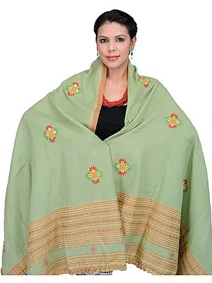 Smoke-Green Shawl from Kutch with Embroidered Flowers and Mirrors