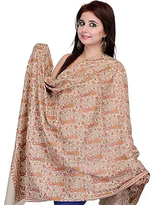 Oyster-Gray Pashmina Shawl from Kashmir with Sozni Hand Embroidered Paisleys