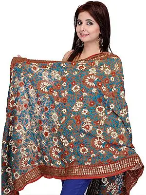 Cub-Gray Phulkari Dupatta from Punjab with Aari Embroidered Flowers