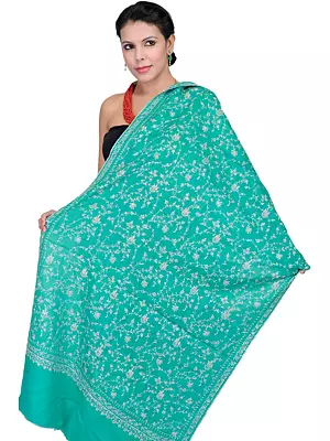 Alhambra-Green Tusha Stole from Kashmir with Needle Stitched Embroidery