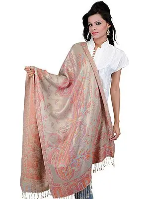 Light-Gray and Rust Jamawar Stole with Large Woven Paisleys