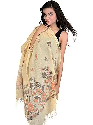 Beige Crushed Stole with Woven Flowers and Paisleys