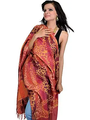 Pink and Rust Jamawar Stole with Jacquard Woven Leopard Skin
