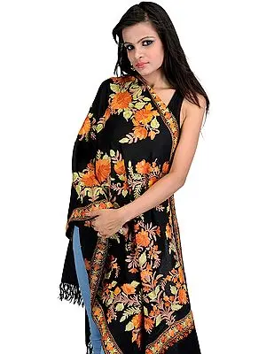 Black Stole from Kashmir with Aari Embroidered Flowers