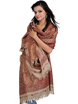 Gray Jamawar Shawl with Large Woven Paisleys and Needle Embroidery