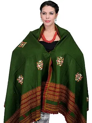 Myrtle-Green Shawl from Kutch with Antiquated Rabari Embroidery and Mirrors