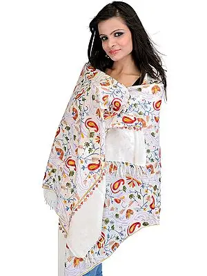 Cream Stole from Amritsar with Embroidered Paisleys and Flowers